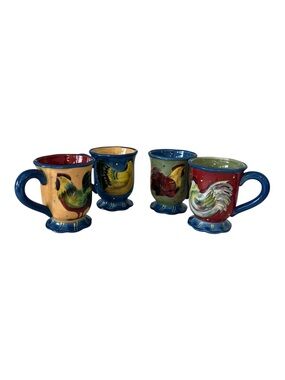 Certified International Susan Winget Rooster Blue Fluted Ceramic Mugs Set of 4